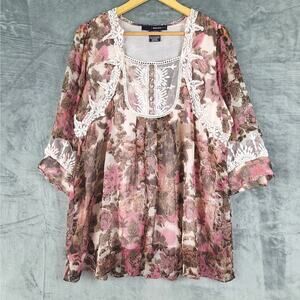 Womens Top 16W Boho Embroidered Floral Lace Sheer‎ Tunic Feminine Romantic Fairy